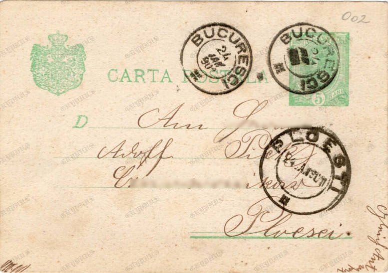 Carte poștală oficială cu francatură 5 bani, ștampile „Bucuresci” și „Ploești” – circulată (cca. 1904)