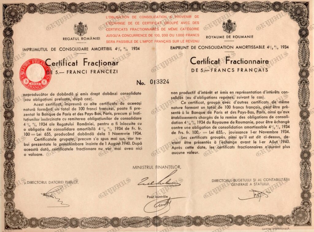 Regatul României – Certificat fracționar de 5 franci francezi – Împrumut de consolidare amortizabil 4½% – 1934