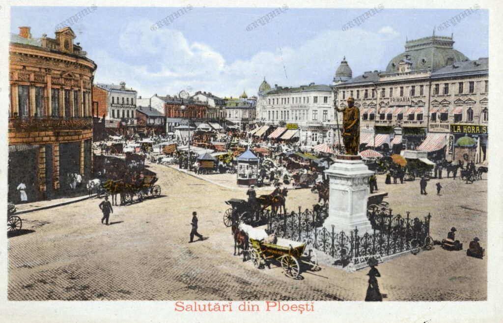 Ploești – Piața Centrală (piața de legume) cu Statuia Libertății, Primăria și Hotel Central