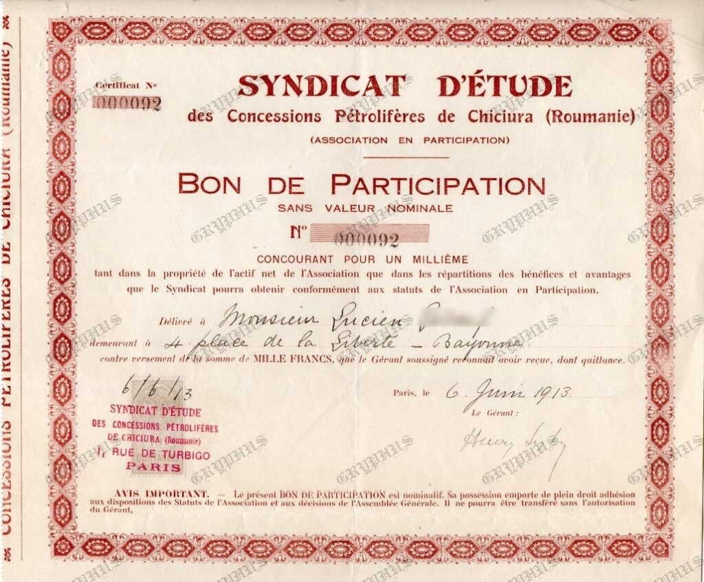 Syndicat d’Étude des Concessions Pétrolifères de Chiciura (Roumanie), 1913