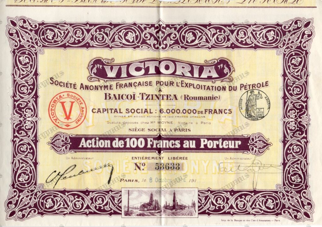 „Victoria” – Société Anonyme Française pour l’Exploitation du Pétrole, Băicoi–Țintea (România), 100 Franci (1914)