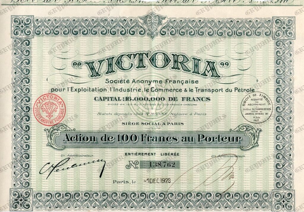 „Victoria” – Acțiune la purtător, 100 Franci, 1928, Paris