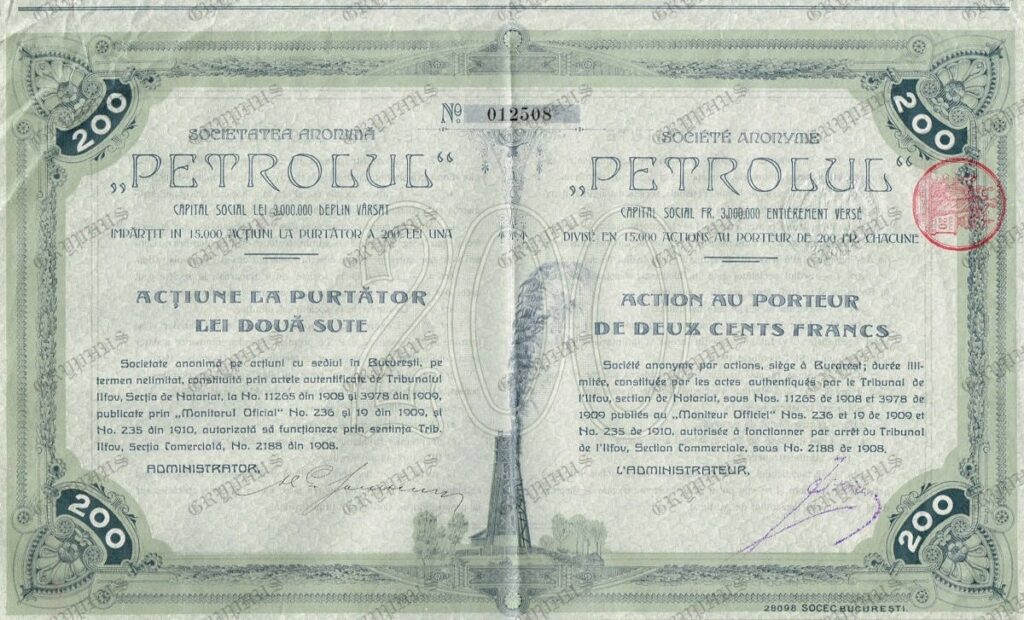 Acțiune la purtător „Petrolul” – 200 lei , București, 1909