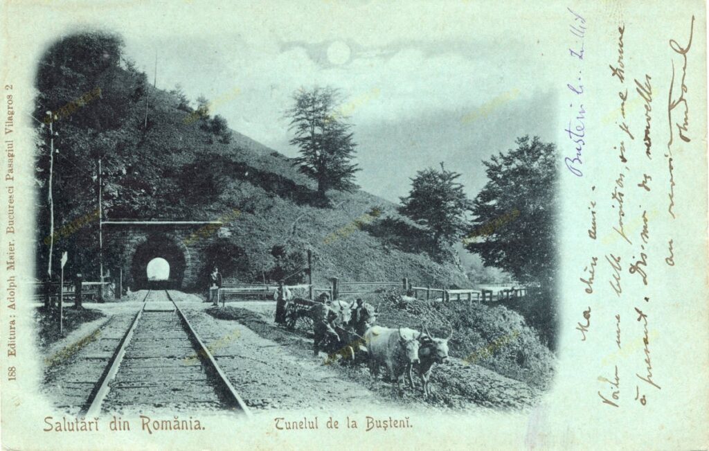 „Salutări din România – Tunelul de la Bușteni”, carte poștală ilustrată, circulată 1900