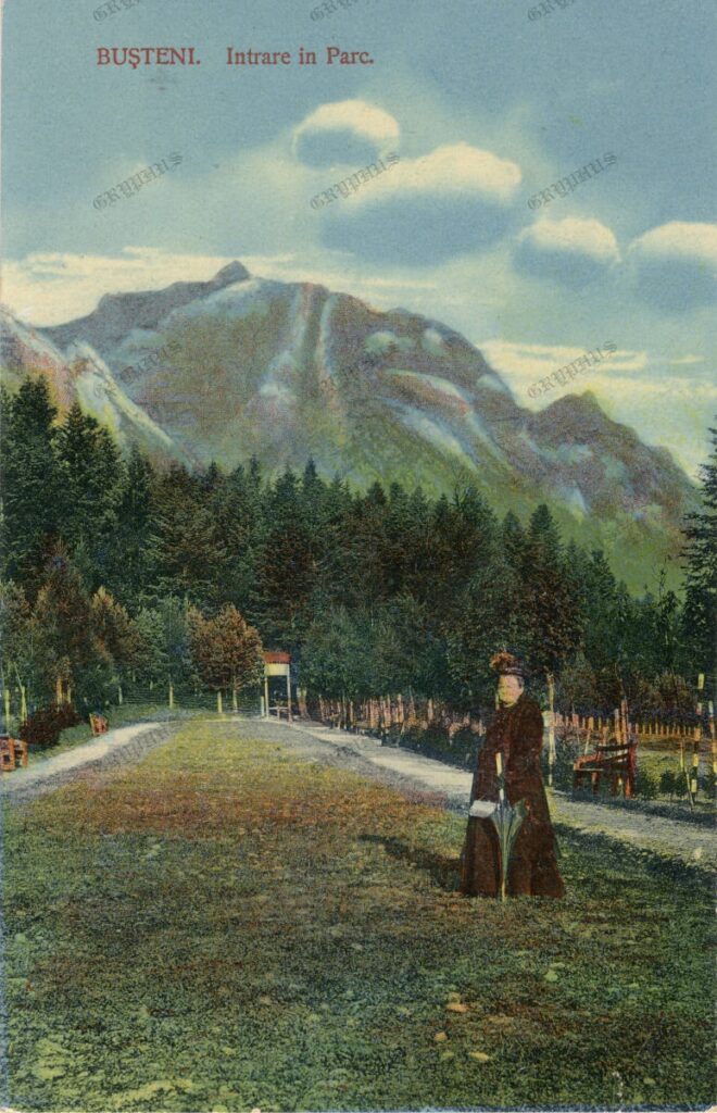Bușteni – Intrare în parc, carte poștală ilustrată, început de secol XX, cca. 1910