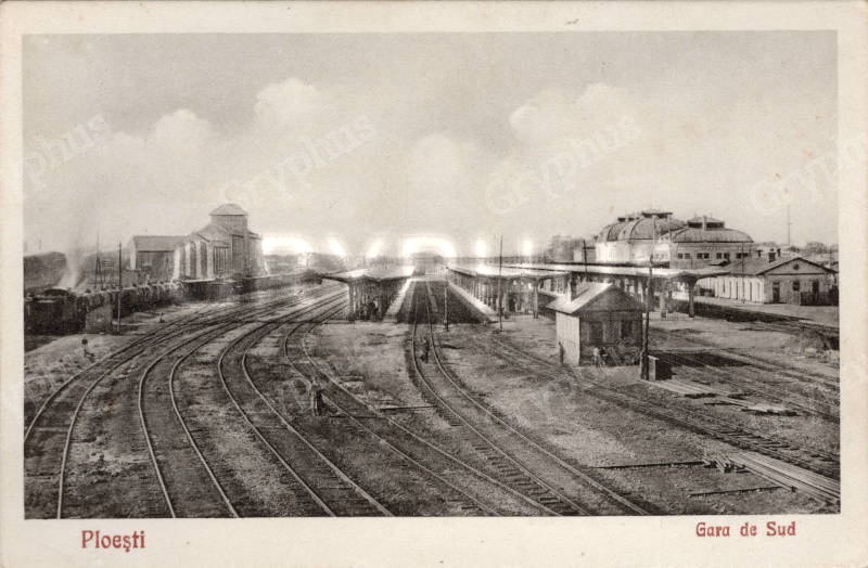 Gara de Sud din Ploiești – vedere panoramică a liniilor și gării, tipărită în 1929